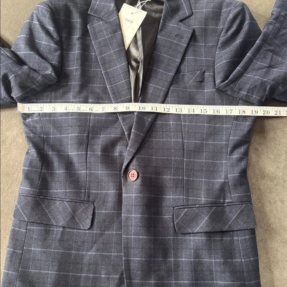 Men’s Dark Blue Plaid 3 Piece Formal Business Suit Jacket 34 Pants 32 NWT